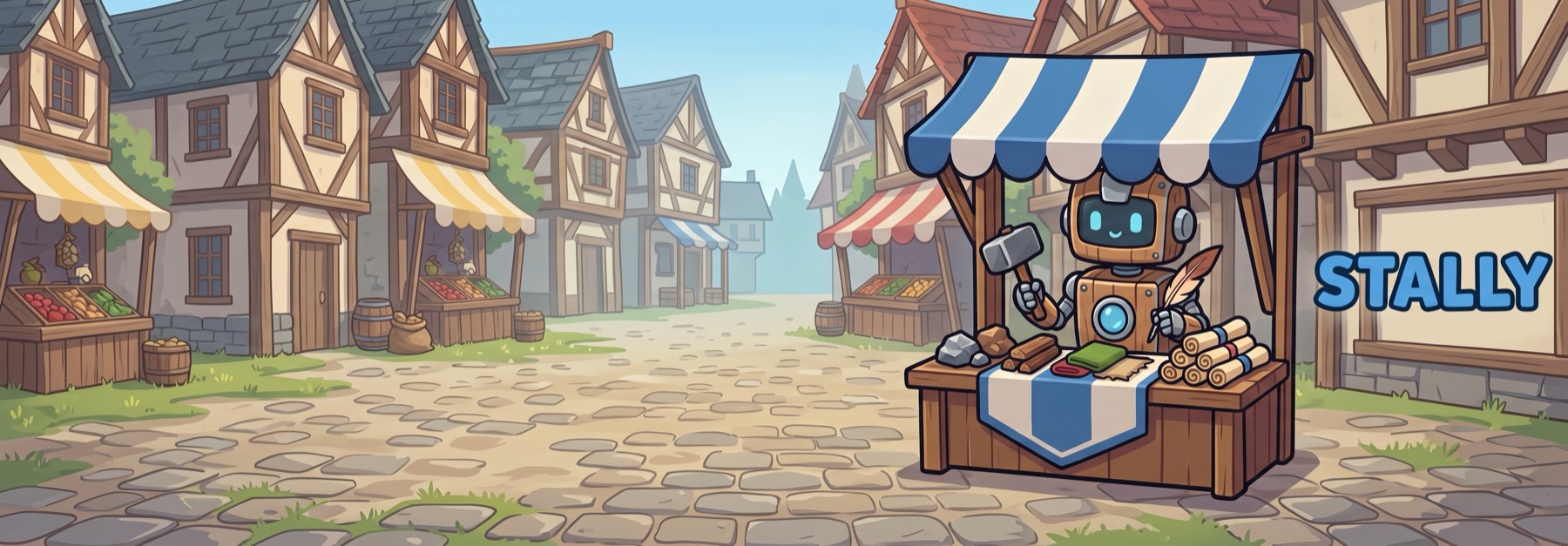 Stally, a wooden robot keeping a market stall of crafted goods